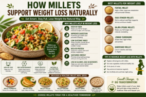 A healthy millet-based meal with various millet grains, vegetables, and weight-loss benefits highlighted, showcasing how millets help with satiety, digestion, metabolism, and natural weight management.