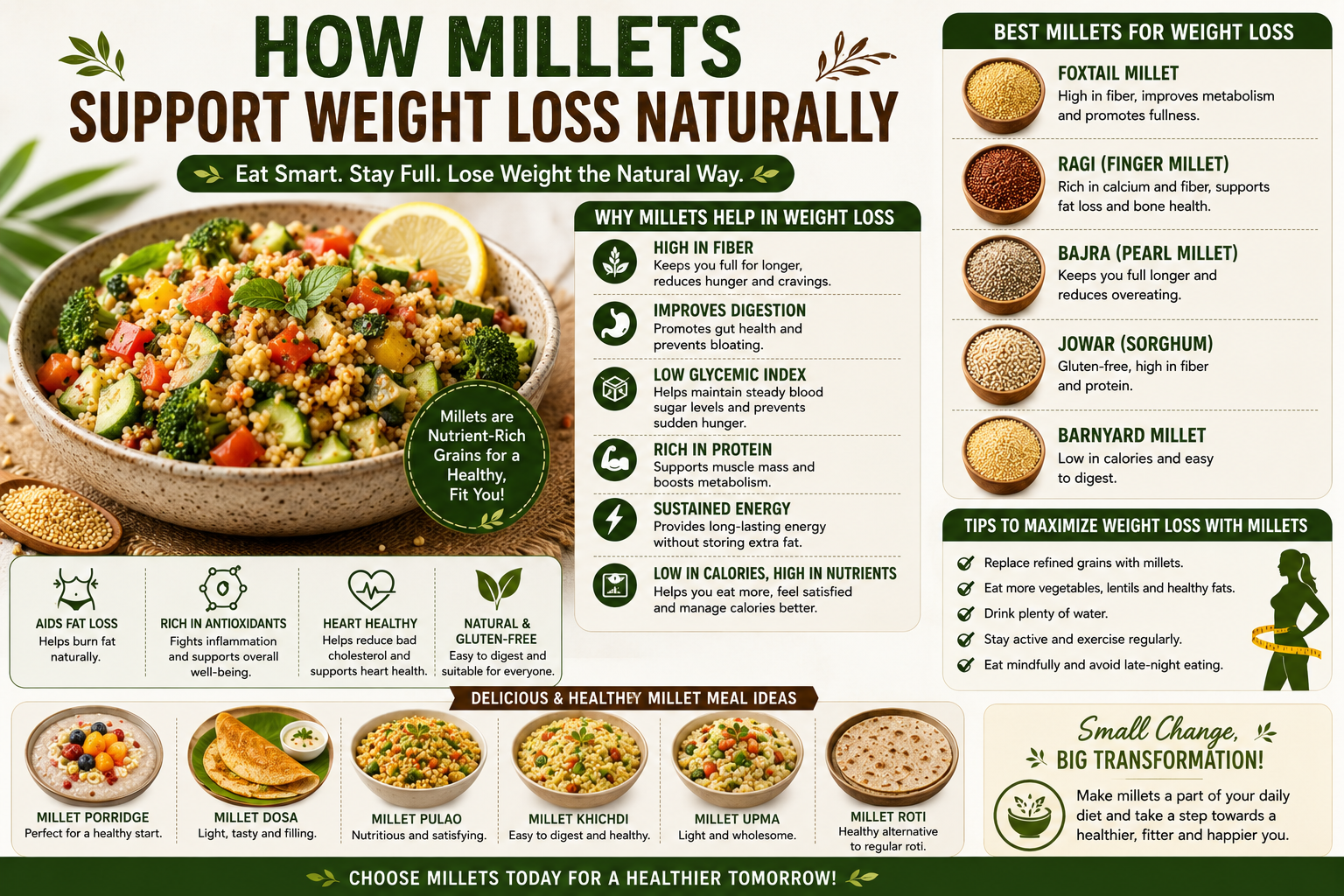 A healthy millet-based meal with various millet grains, vegetables, and weight-loss benefits highlighted, showcasing how millets help with satiety, digestion, metabolism, and natural weight management.