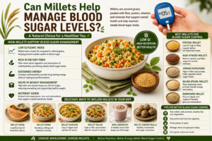 different millet varieties including foxtail millet, ragi, jowar, bajra, and barnyard millet alongside healthy millet dishes and a blood glucose monitor, illustrating how millets can support healthy blood sugar management through their high fiber content, low glycemic index, and nutrient-rich profile.