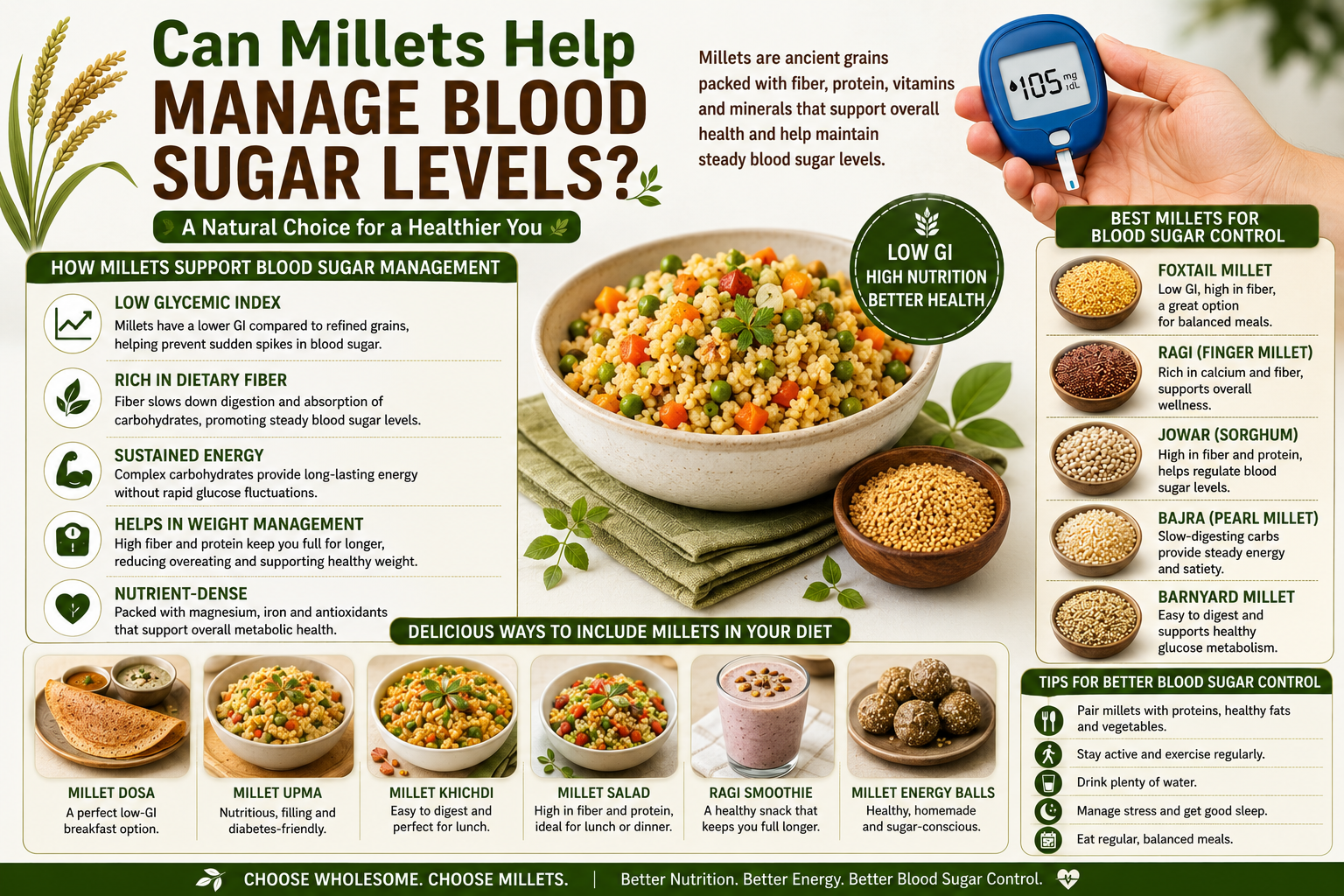 different millet varieties including foxtail millet, ragi, jowar, bajra, and barnyard millet alongside healthy millet dishes and a blood glucose monitor, illustrating how millets can support healthy blood sugar management through their high fiber content, low glycemic index, and nutrient-rich profile.