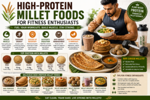 A vibrant fitness-themed infographic featuring high-protein millet foods including ragi, jowar, bajra, foxtail millet, millet protein bowls, ragi smoothies, millet dosa, and energy bars alongside gym equipment, highlighting muscle growth, workout recovery, endurance, and healthy nutrition.