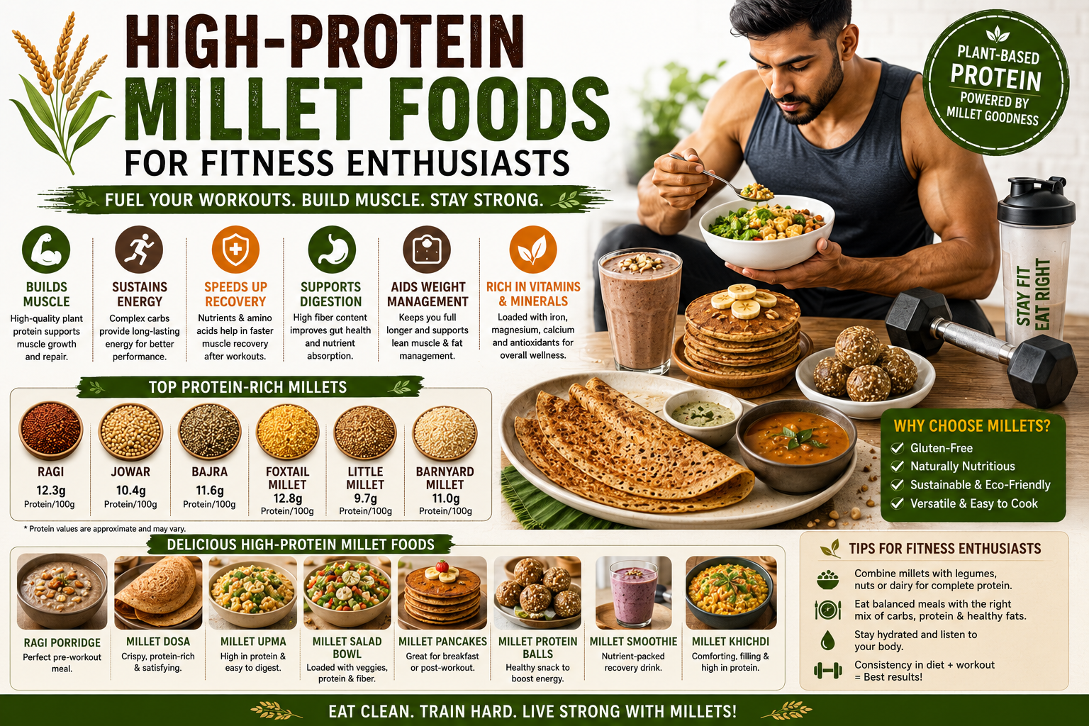 A vibrant fitness-themed infographic featuring high-protein millet foods including ragi, jowar, bajra, foxtail millet, millet protein bowls, ragi smoothies, millet dosa, and energy bars alongside gym equipment, highlighting muscle growth, workout recovery, endurance, and healthy nutrition.