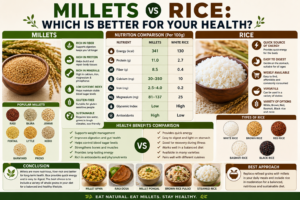 A detailed comparison infographic of millets and rice showing their nutritional values, health benefits, fiber content, protein levels, and why millets are considered a healthier grain option.
