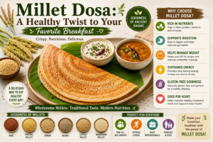 Crispy golden millet dosa served on a banana leaf with coconut chutney and sambar, surrounded by various millet grains including ragi, foxtail millet, jowar, bajra, little millet, and barnyard millet, highlighting a healthy and nutritious breakfast option.