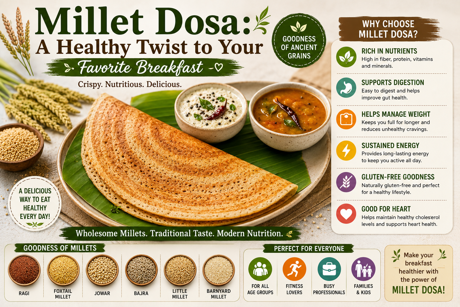 Crispy golden millet dosa served on a banana leaf with coconut chutney and sambar, surrounded by various millet grains including ragi, foxtail millet, jowar, bajra, little millet, and barnyard millet, highlighting a healthy and nutritious breakfast option.