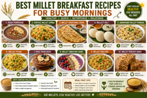 millet recipes including ragi porridge, foxtail millet upma, millet dosa, millet idli, barnyard millet pongal, millet poha, ragi pancakes, smoothie bowls, millet khichdi, and millet energy bars for busy mornings.