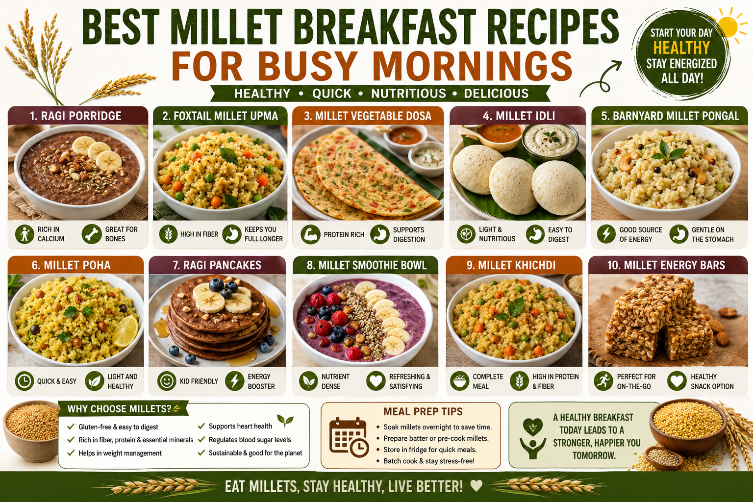 millet recipes including ragi porridge, foxtail millet upma, millet dosa, millet idli, barnyard millet pongal, millet poha, ragi pancakes, smoothie bowls, millet khichdi, and millet energy bars for busy mornings.