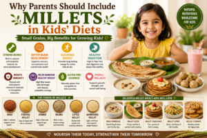 A happy child enjoying millet-based foods such as millet dosa, ragi porridge, millet pancakes, and healthy snacks, highlighting the benefits of millets for children's growth, bone health, brain development, digestion, immunity, and overall wellness.