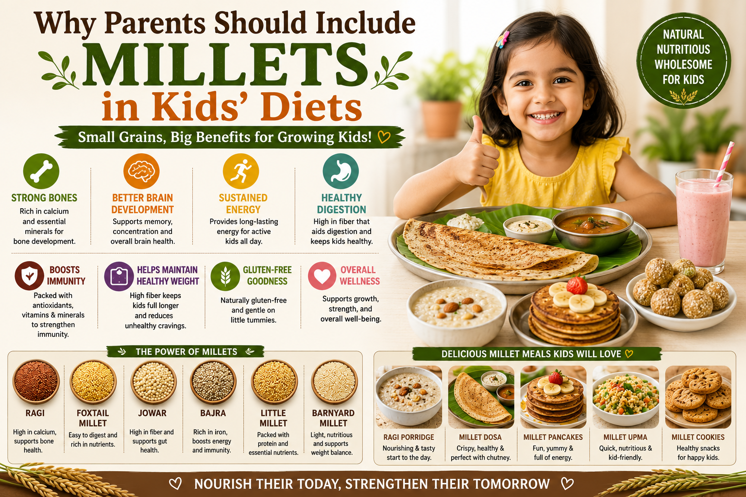 A happy child enjoying millet-based foods such as millet dosa, ragi porridge, millet pancakes, and healthy snacks, highlighting the benefits of millets for children's growth, bone health, brain development, digestion, immunity, and overall wellness.
