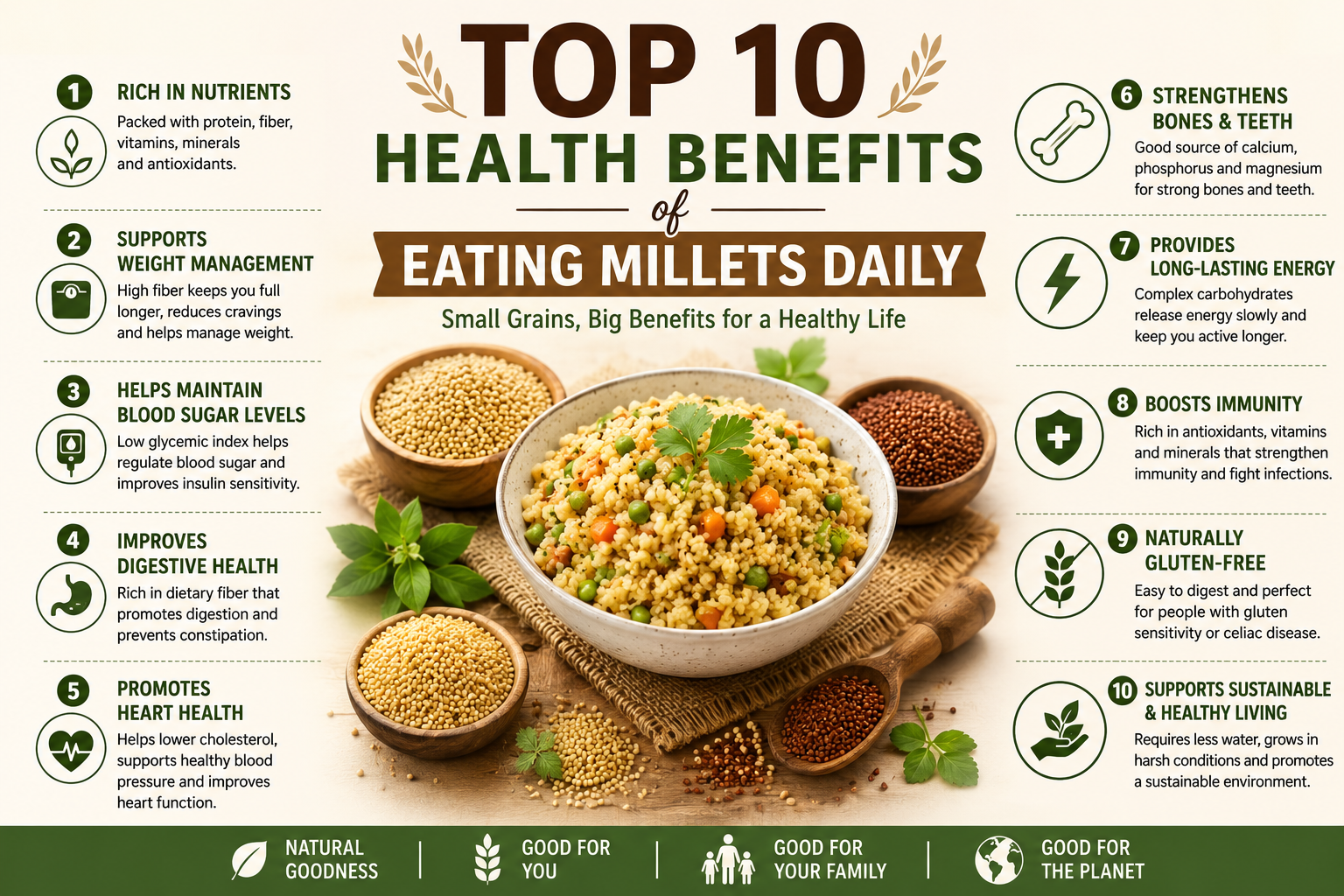 A healthy assortment of millet grains and millet-based foods showcasing the top health benefits of eating millets daily, including improved digestion, weight management, heart health, and sustained energy.