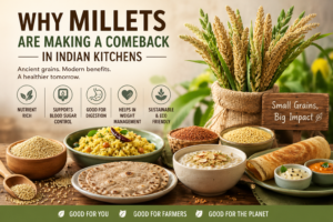 Traditional Indian millet dishes and grains showcasing the health benefits, sustainability, and growing popularity of millets in modern Indian kitchens.