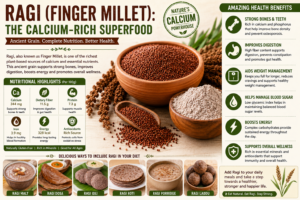 A healthy display of ragi (finger millet) grains, ragi flour, and traditional ragi dishes highlighting the nutritional benefits and calcium-rich properties of this ancient superfood.