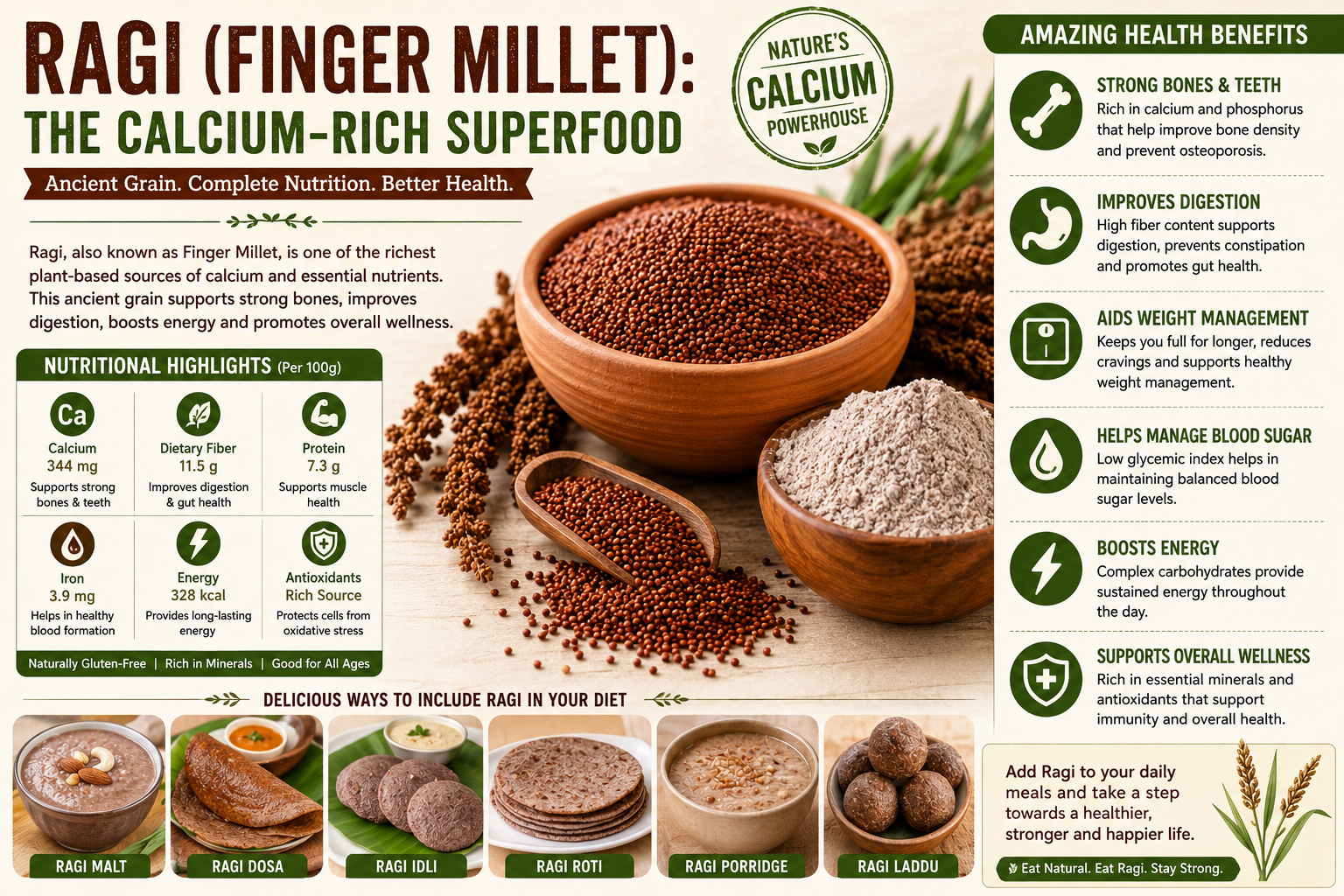 A healthy display of ragi (finger millet) grains, ragi flour, and traditional ragi dishes highlighting the nutritional benefits and calcium-rich properties of this ancient superfood.