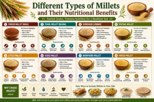 different types of millets including ragi, bajra, jowar, foxtail, little, kodo, barnyard, and proso millet, highlighting their nutritional benefits and healthy food uses.