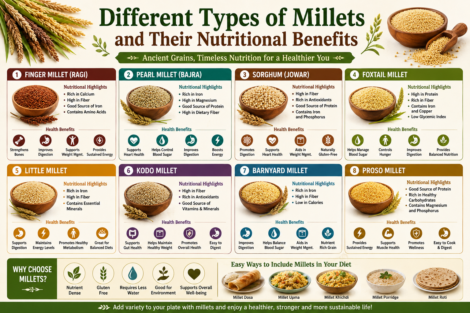 different types of millets including ragi, bajra, jowar, foxtail, little, kodo, barnyard, and proso millet, highlighting their nutritional benefits and healthy food uses.