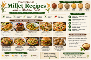 traditional millet recipes with a modern twist, featuring millet dosa with avocado chutney, ragi pancakes, millet khichdi bowl, jowar wraps, millet pizza, bajra Buddha bowl, millet upma, millet salad, millet burger, and millet energy balls. The image also highlights popular millet varieties such as foxtail millet, ragi, jowar, bajra, little millet, and barnyard millet, along with their nutritional benefits including high dietary fiber, plant-based protein, complex carbohydrates, and essential minerals.
