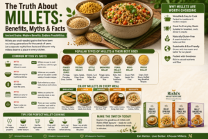 explaining the truth about millets, highlighting common myths versus facts, different millet varieties, everyday meal ideas, cooking tips, and the benefits of choosing millet-based foods from Rishi's Millet Epicure.