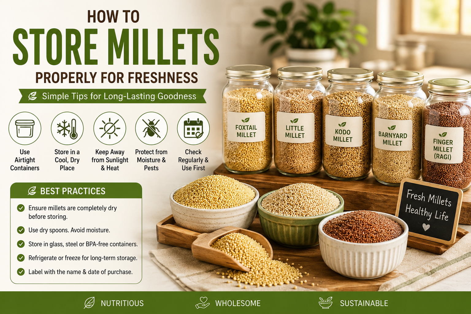 Glass jars filled with different varieties of millets, including foxtail, little, kodo, barnyard, and finger millet, arranged on a kitchen countertop with storage tips highlighting airtight containers, cool dry storage, and protection from moisture for long-lasting freshness.
