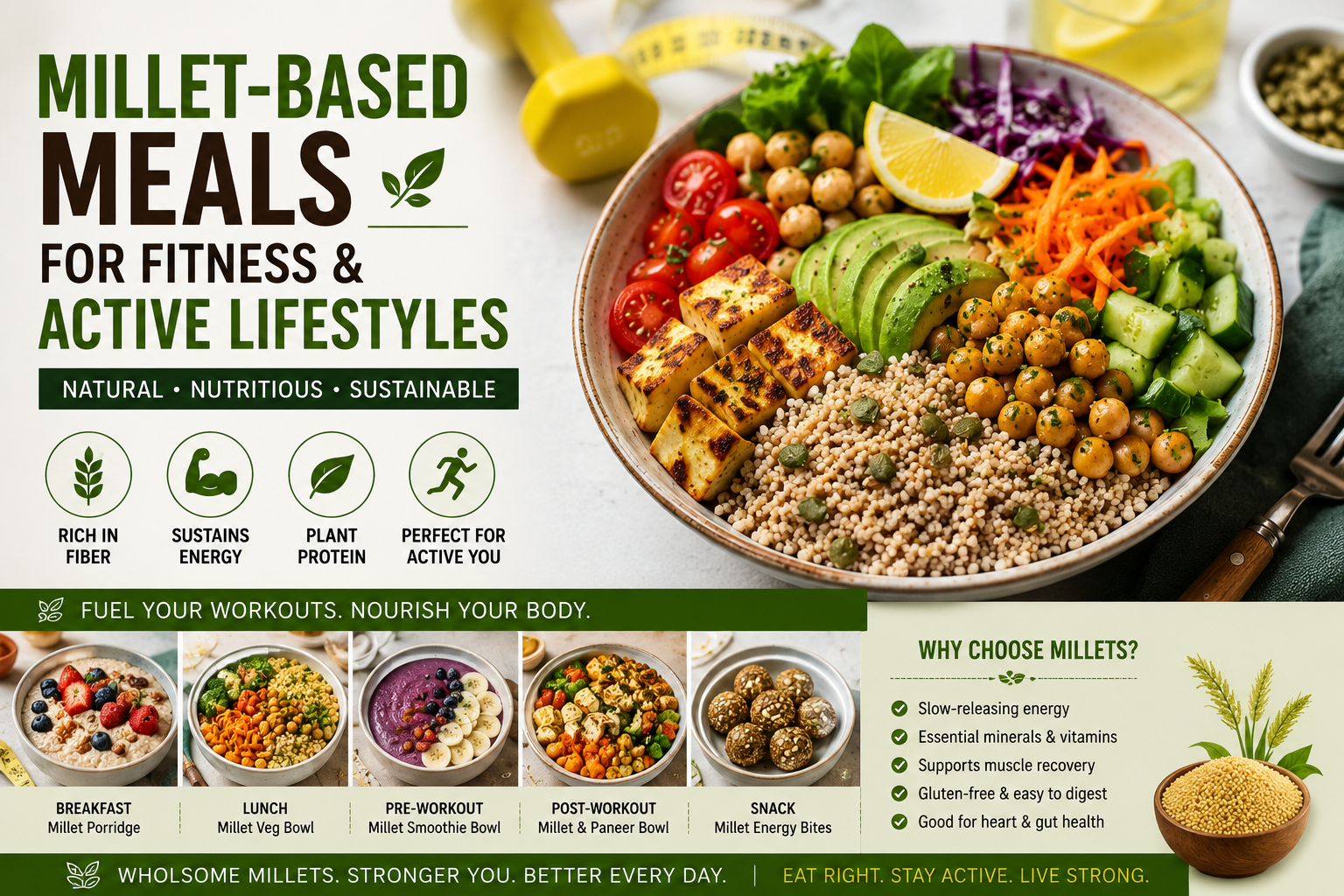 millet-based fitness meal bowl featuring cooked millet, grilled paneer, chickpeas, avocado, fresh vegetables, and lemon, alongside healthy breakfast, lunch, snack, and post-workout meal ideas for an active lifestyle.