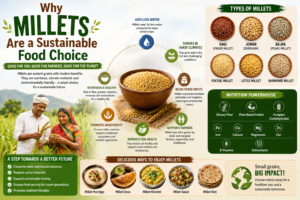 different millet varieties including foxtail millet, ragi, jowar, bajra, little millet, and barnyard millet. The infographic highlights why millets are a sustainable food choice by showcasing their low water requirements, climate resilience, support for biodiversity, soil health benefits, and nutritional value. It also features healthy millet dishes such as millet porridge, dosa, khichdi, salad, and roti.