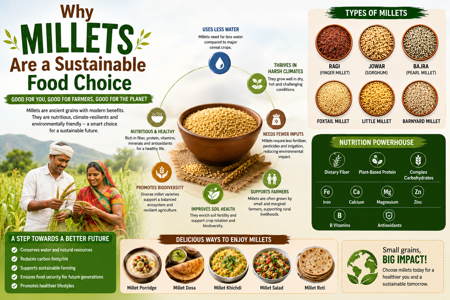 different millet varieties including foxtail millet, ragi, jowar, bajra, little millet, and barnyard millet. The infographic highlights why millets are a sustainable food choice by showcasing their low water requirements, climate resilience, support for biodiversity, soil health benefits, and nutritional value. It also features healthy millet dishes such as millet porridge, dosa, khichdi, salad, and roti.