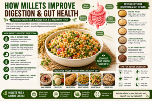 various millet varieties including foxtail millet, ragi, jowar, bajra, little millet, and barnyard millet alongside healthy millet dishes such as millet salad, millet khichdi, millet dosa, ragi porridge, and jowar roti. The infographic highlights how millets support digestion and gut health through their high dietary fiber, plant-based nutrients, and whole-grain goodness.