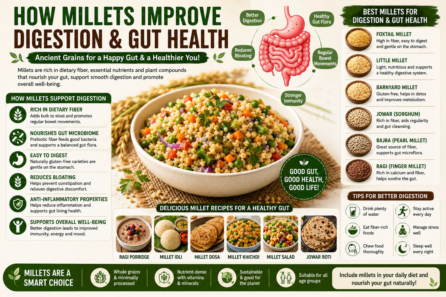 various millet varieties including foxtail millet, ragi, jowar, bajra, little millet, and barnyard millet alongside healthy millet dishes such as millet salad, millet khichdi, millet dosa, ragi porridge, and jowar roti. The infographic highlights how millets support digestion and gut health through their high dietary fiber, plant-based nutrients, and whole-grain goodness.