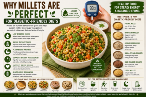 A healthy infographic featuring a bowl of cooked millet with fresh vegetables alongside different millet varieties including foxtail millet, barnyard millet, jowar, bajra, ragi, and little millet. The image highlights the nutritional benefits of millets, including dietary fiber, plant-based protein, complex carbohydrates, and a lower glycemic index than many refined grains, as part of a diabetes-friendly eating pattern.