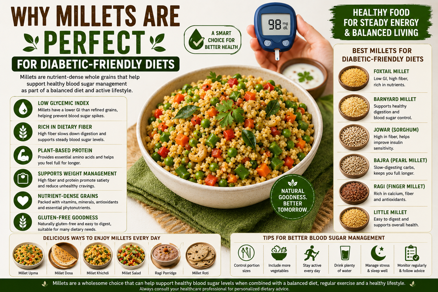 A healthy infographic featuring a bowl of cooked millet with fresh vegetables alongside different millet varieties including foxtail millet, barnyard millet, jowar, bajra, ragi, and little millet. The image highlights the nutritional benefits of millets, including dietary fiber, plant-based protein, complex carbohydrates, and a lower glycemic index than many refined grains, as part of a diabetes-friendly eating pattern.