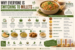different types of millets, healthy millet dishes, and the top reasons why millets are becoming one of the biggest food trends in 2026. The image highlights breakfast, lunch, dinner, snacks, sustainability, convenience, and ready-to-cook millet products from Rishi's Millet Epicure.