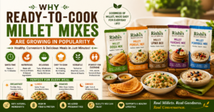 ready-to-cook millet mixes, including dosa mix, pancake mix, upma mix, pongal mix, and porridge mix, alongside freshly prepared millet dishes, vegetables, and whole millet grains, highlighting healthy and convenient meal solutions.