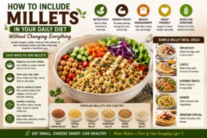 A healthy millet meal bowl with fresh vegetables, paneer, chickpeas, and different millet varieties, surrounded by breakfast, lunch, snack, and dinner ideas that show simple ways to include millets in your daily diet.