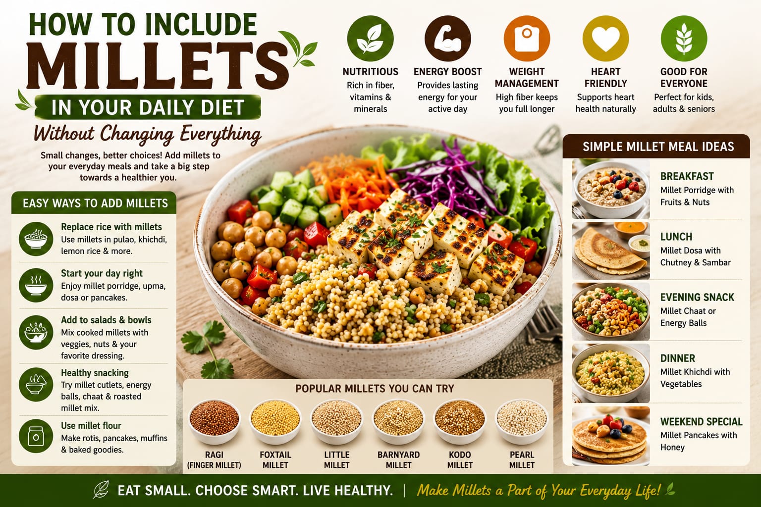 A healthy millet meal bowl with fresh vegetables, paneer, chickpeas, and different millet varieties, surrounded by breakfast, lunch, snack, and dinner ideas that show simple ways to include millets in your daily diet.