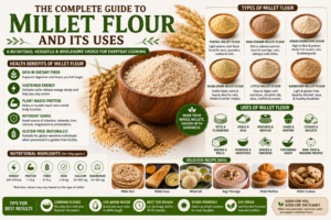different types of millet flour, including ragi, jowar, bajra, foxtail millet, little millet, and barnyard millet flour. The image showcases healthy recipes such as millet rotis, dosas, pancakes, muffins, cookies, and porridge, highlighting the nutritional benefits of millet flour, including dietary fiber, plant-based protein, essential minerals, and its naturally gluten-free properties.