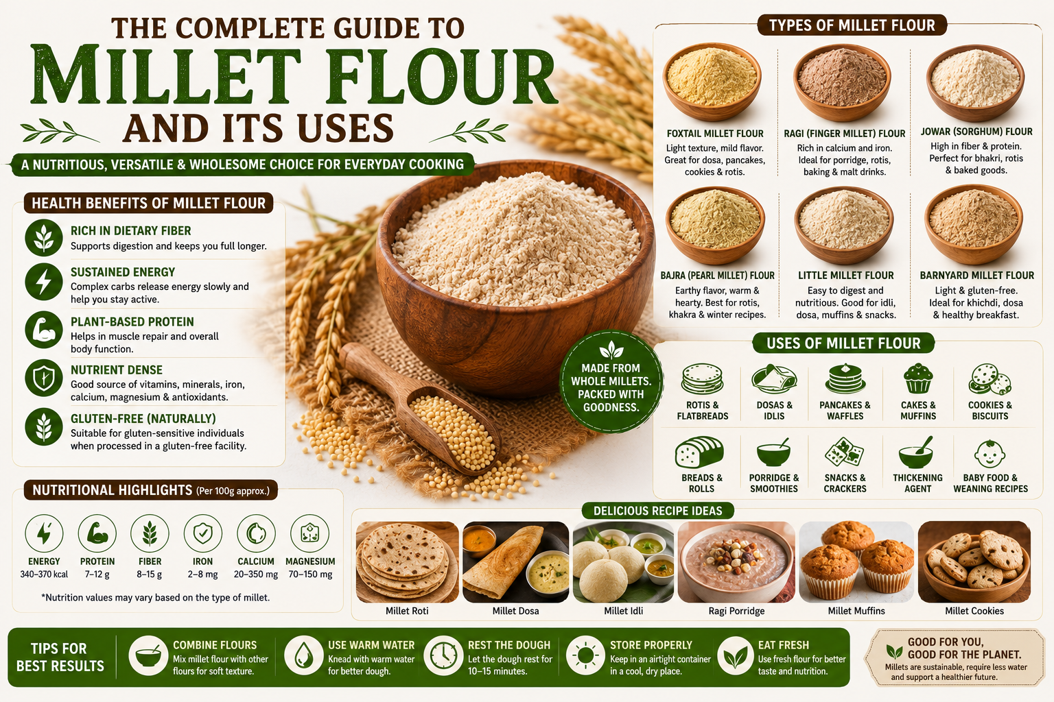 different types of millet flour, including ragi, jowar, bajra, foxtail millet, little millet, and barnyard millet flour. The image showcases healthy recipes such as millet rotis, dosas, pancakes, muffins, cookies, and porridge, highlighting the nutritional benefits of millet flour, including dietary fiber, plant-based protein, essential minerals, and its naturally gluten-free properties.