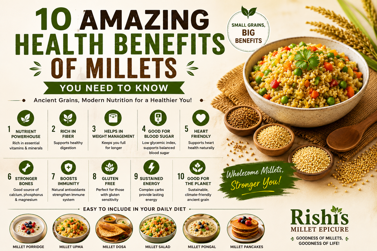 the 10 amazing health benefits of millets, featuring different millet varieties, healthy millet recipes, and key nutritional benefits such as dietary fiber, essential minerals, sustained energy, and wholesome everyday nutrition.