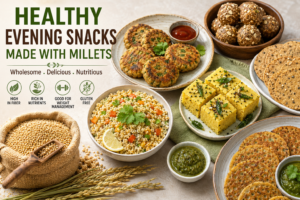 A colorful assortment of healthy millet evening snacks including vegetable cutlets, millet chaat, ragi crackers, dhokla, energy balls, pancakes, and green chutney, showcasing wholesome and nutritious snack ideas.