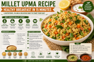 A colorful bowl of freshly prepared millet upma made with foxtail millet, carrots, green peas, beans, curry leaves, mustard seeds, and roasted cashews, served with coconut chutney and tomato chutney. The image highlights a quick, healthy, and nutritious South Indian breakfast rich in fiber, plant-based protein, and essential nutrients.