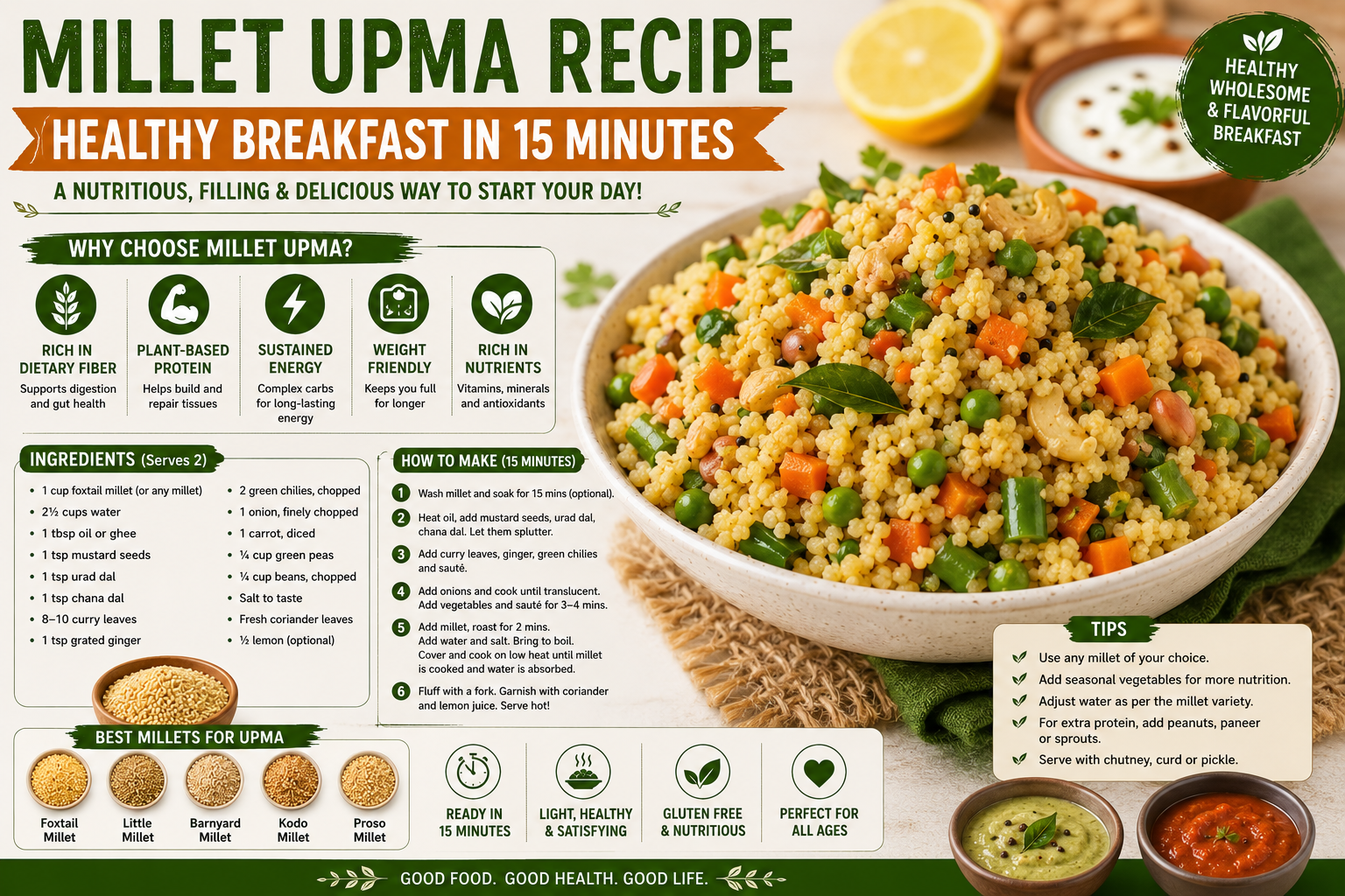 A colorful bowl of freshly prepared millet upma made with foxtail millet, carrots, green peas, beans, curry leaves, mustard seeds, and roasted cashews, served with coconut chutney and tomato chutney. The image highlights a quick, healthy, and nutritious South Indian breakfast rich in fiber, plant-based protein, and essential nutrients.