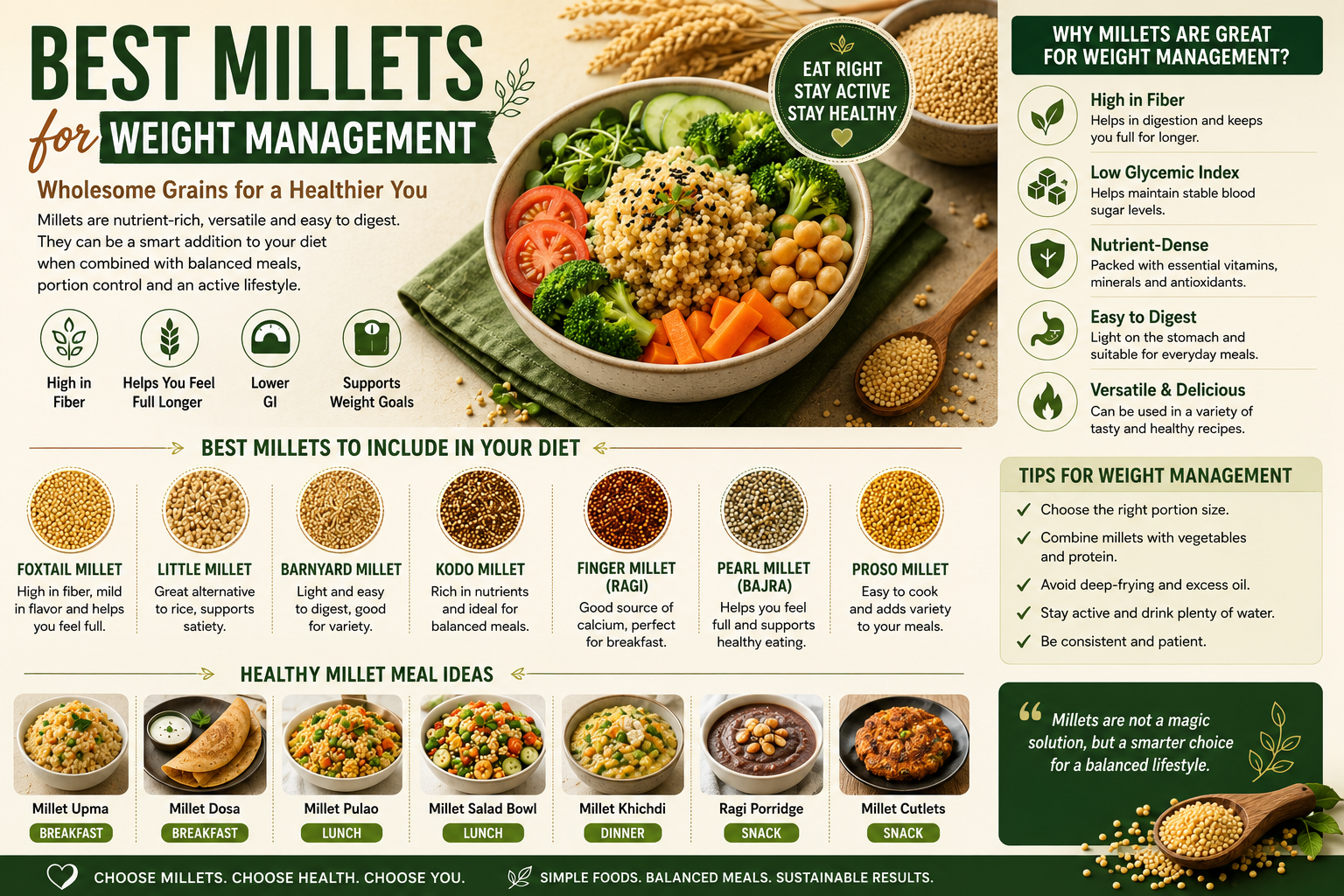 Best millets for weight management including foxtail millet, little millet, barnyard millet, kodo millet, ragi, pearl millet, and proso millet served with balanced vegetable-based millet meals.