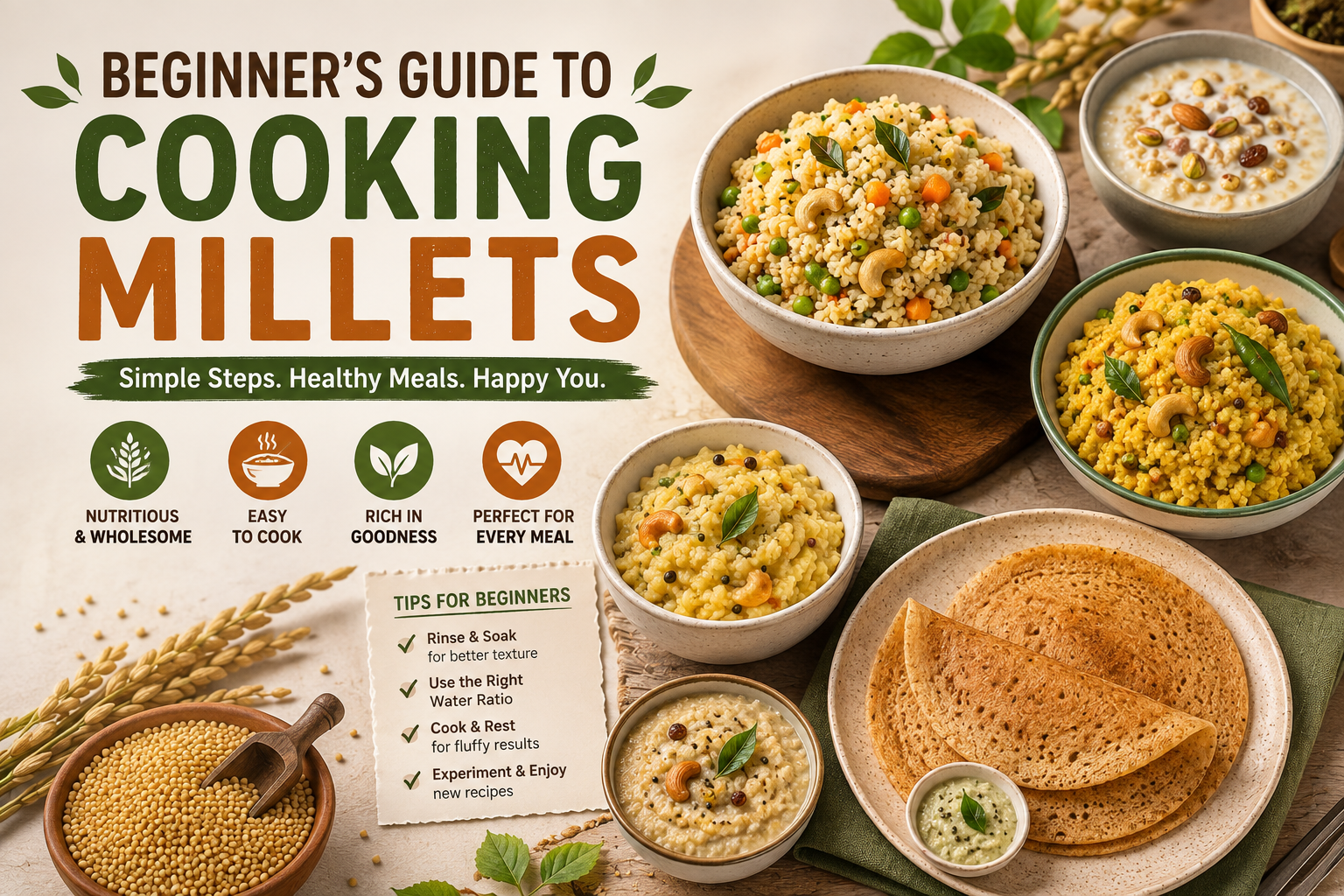 Learn how to cook millets with easy methods, useful tips, water ratios, and delicious millet recipes for healthy everyday meals.