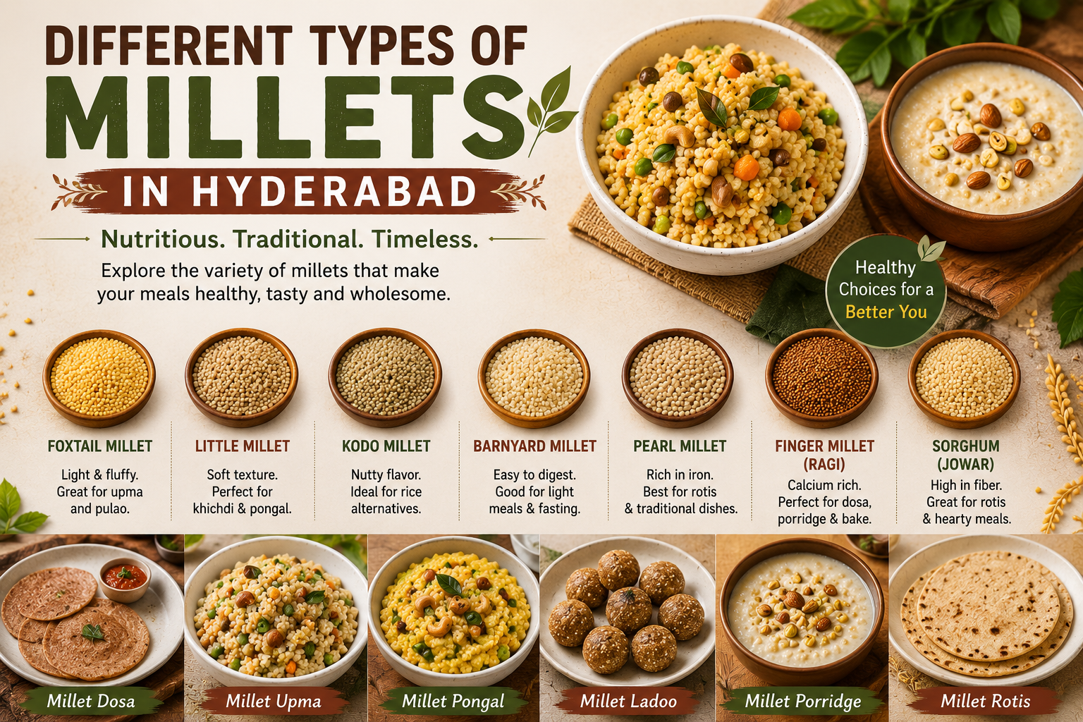 Discover different types of millets in Hyderabad, including foxtail, little, kodo, barnyard, pearl, finger millet, and sorghum.