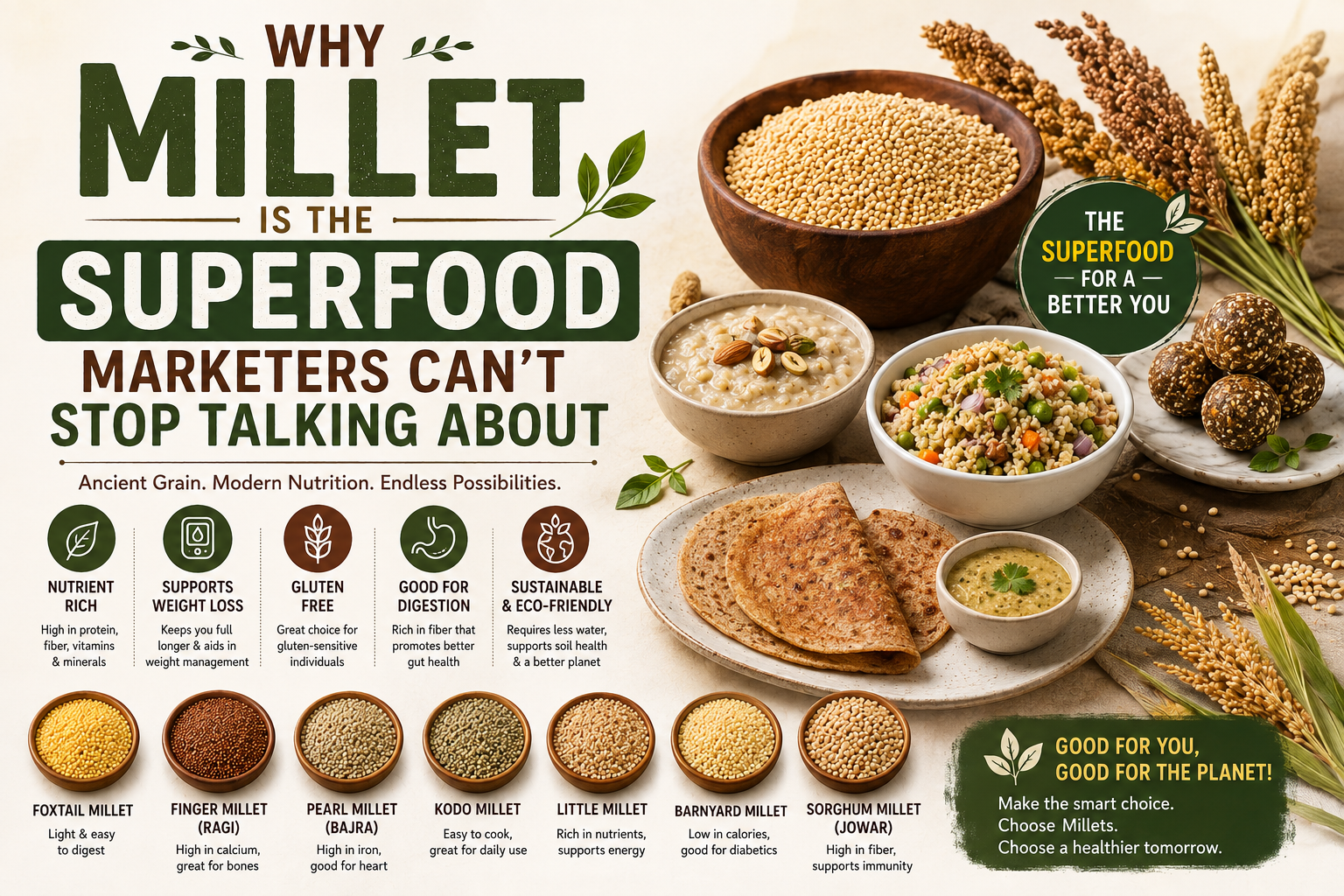 Millet superfood varieties and healthy millet-based foods for everyday nutrition