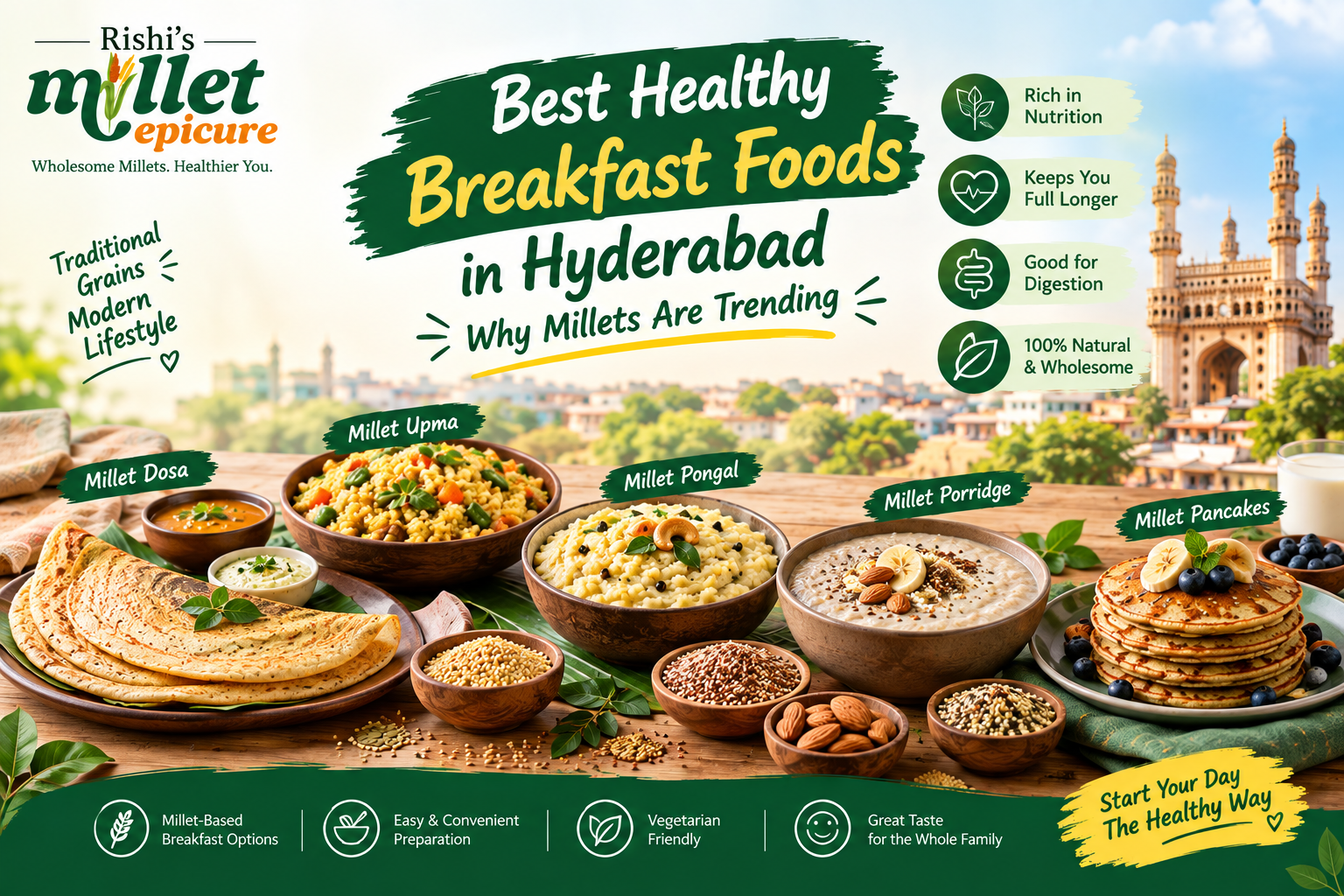 Discover the best healthy breakfast foods in Hyderabad with millet dosa, upma, pongal, porridge.